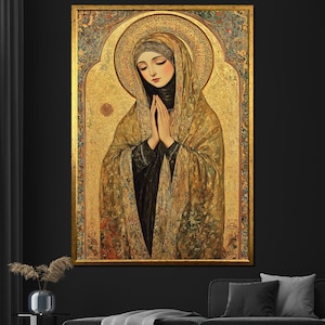 Virgin Mary Gold Icon Canvas Painting, Religious Wall Art, Byzantine Christian Decor, Spiritual Artwork, Faith-Inspired Gift