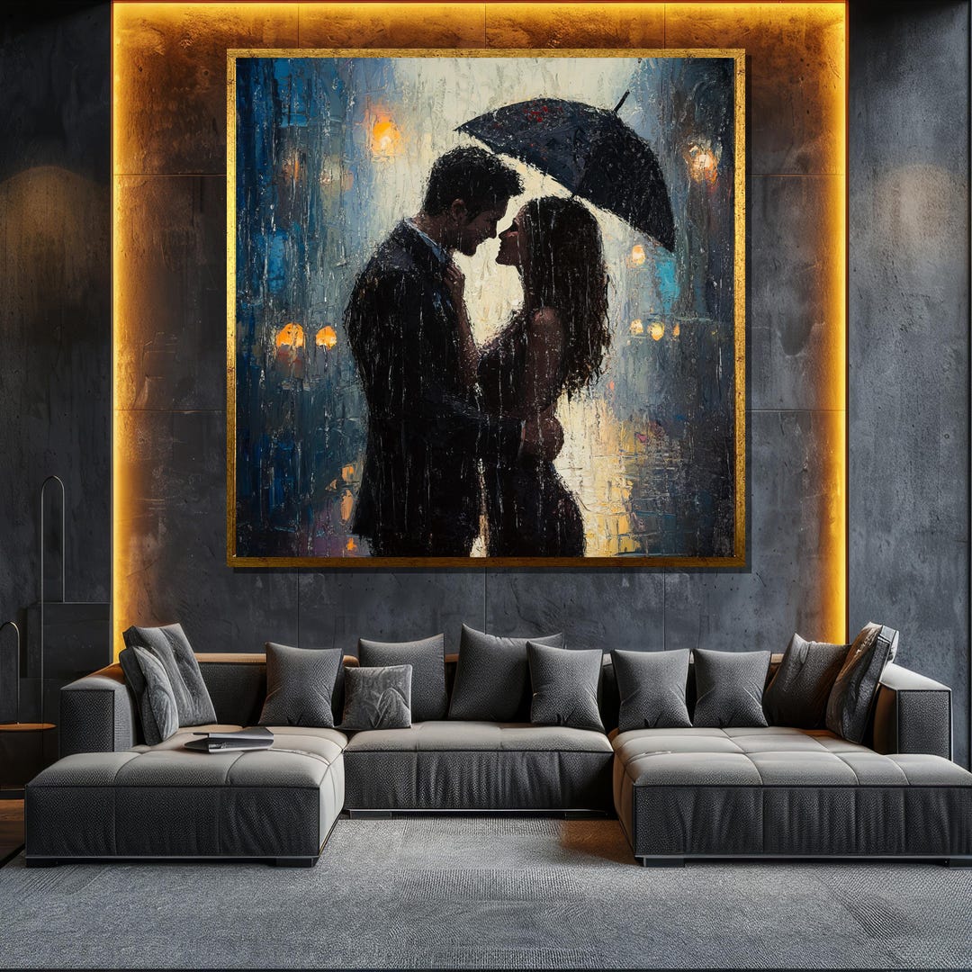 Romantic Couple in Rain Canvas Painting Love Scene Wall Art for