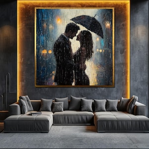Romantic Couple in Rain Canvas Painting Love Scene Wall Art for Home Decor and Anniversary Gift