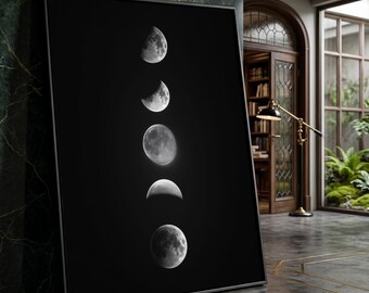 Lunar Phases Canvas Wall Art, Black Night Sky Moon Cycle, Celestial Home Decor, Astronomy Canvas Art, Modern Space Wall Decoration