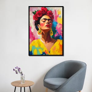Pintura en lienzo de Frida Kahlo, arte de pared colorido, retrato de ícono mexicano, decoración de pared grande, regalo único para amantes del arte imagen 3