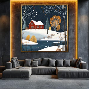 Winter Cottage in Snowy Landscape Canvas Painting Cozy Wall Art for Home Decor and Holiday Gift