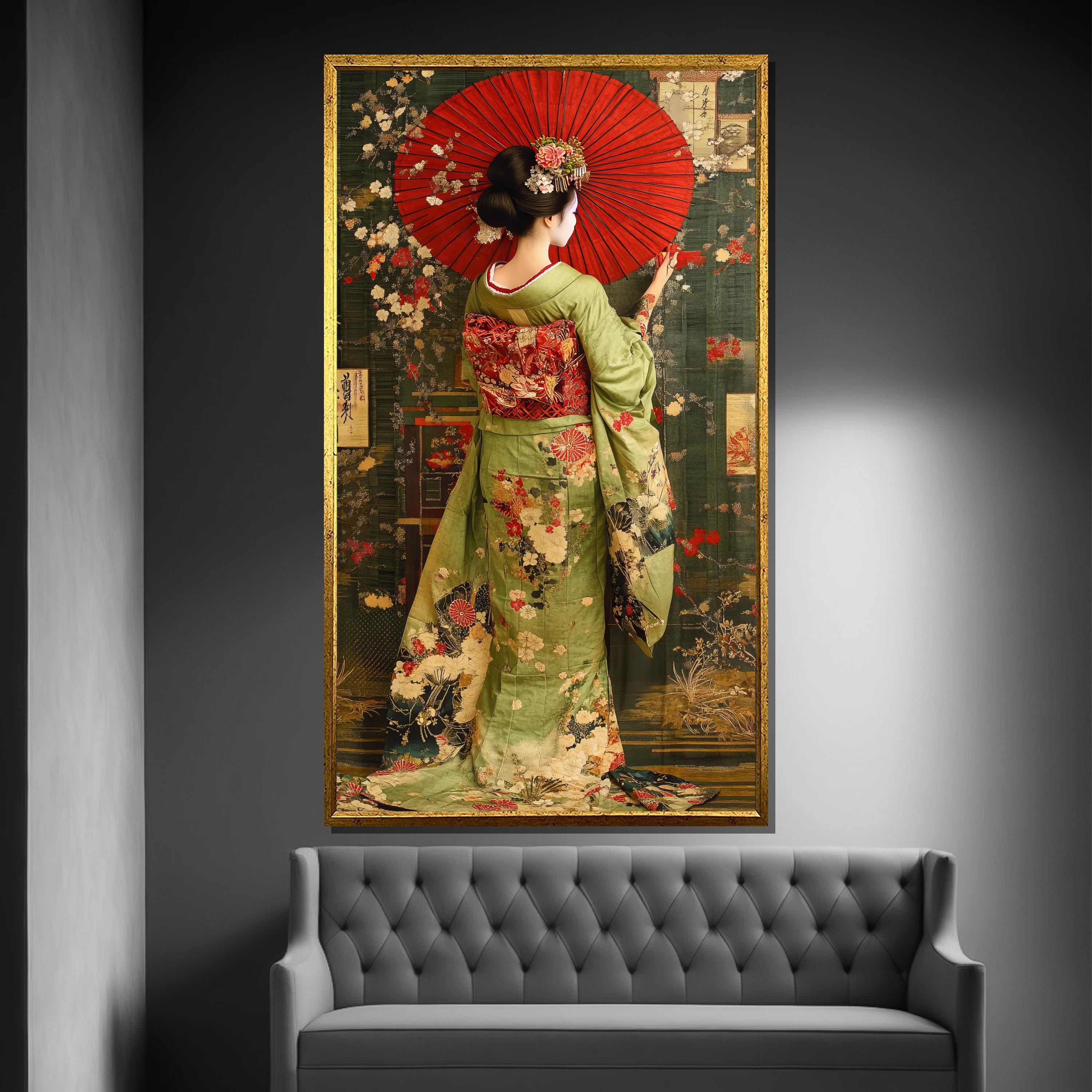 Japanese Geisha Canvas Painting Traditional Kimono Art Elegant Wall ...