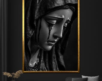 Dark Virgin Mary Wall Art, Weeping Madonna Black Canvas, Gothic Religious Decor, Emotional Sacred Painting, Modern Christian Artwork