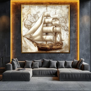 Vintage Sailing Ship Canvas Painting, Nautical Wall Art, Antique Map Background Artwork, Maritime Home Decor Gift