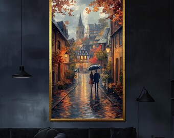 Romantic Stroll in Rain Canvas Painting Village Street Wall Art Autumn Scene Home Decor Anniversary Gift