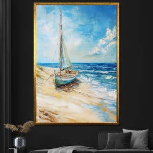 Beach Sailboat Canvas Painting - Coastal Wall Art for Living Room Decor, Nautical Gift for Ocean Lovers