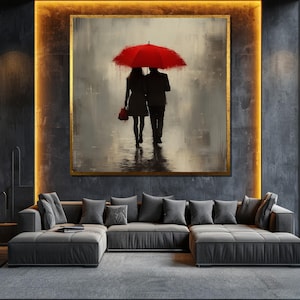Romantic Red Umbrella Canvas Painting - Couple in the Rain Wall Art for Living Room Decor, Elegant Gift