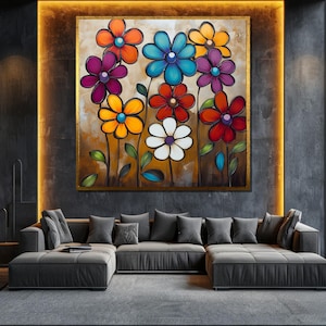 Colorful Flower Canvas Painting - Vibrant Floral Wall Art for Living Room Decor - Perfect Gift for Nature Lovers