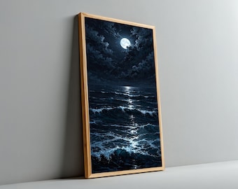 Moonlit Ocean Waves Canvas, Night Sea Wall Art, Full Moon Reflection, Dark Sky Landscape, Coastal Home Decor, Moody Canvas Art