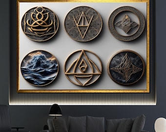Heilige geometrie kunst aan de muur, abstract symbool canvasafdruk, goud modern mystic decor, esoterisch cadeau voor thuis