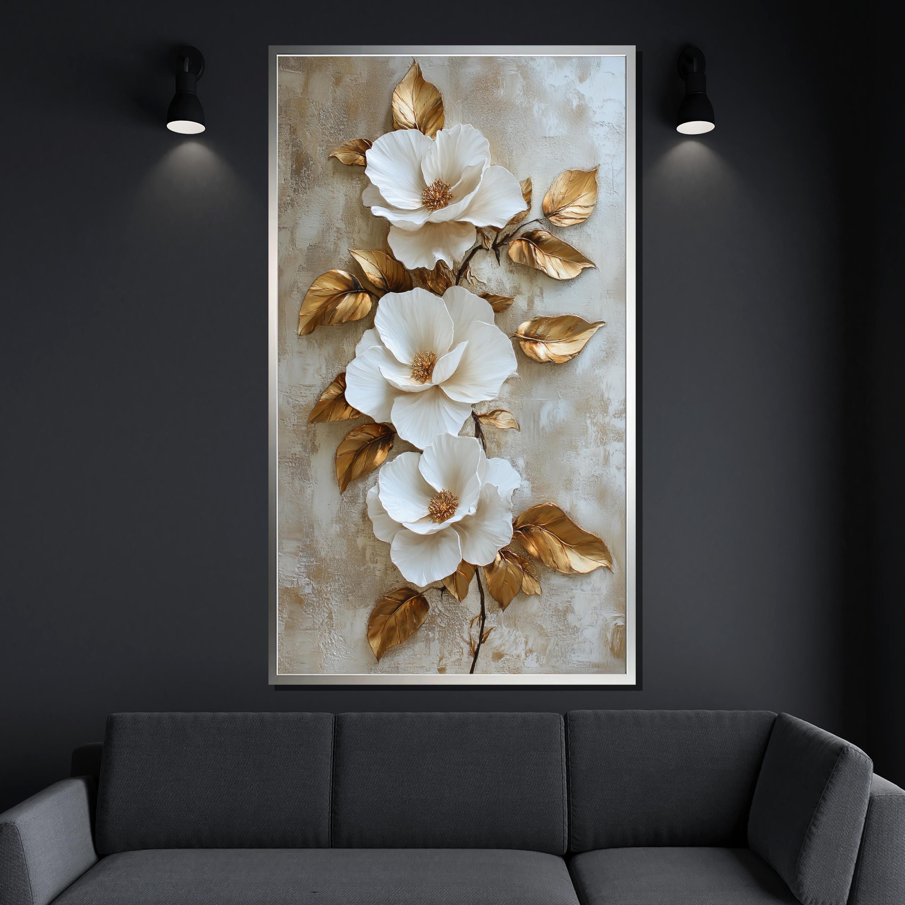 Gold and White 3D Floral Canvas Painting Luxury Wall Art for Living ...
