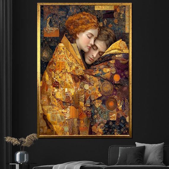 グスタフ・クリムト風の抱き合うカップルのキャンバス絵画