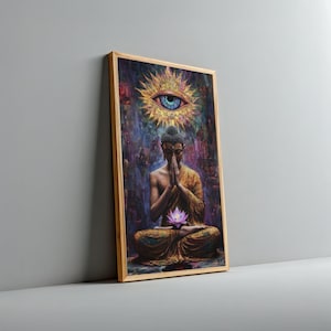 Lienzo de Buda meditando con el tercer ojo, arte mural espiritual, pintura de flor de loto, decoración de iluminación, lienzo místico para el hogar.