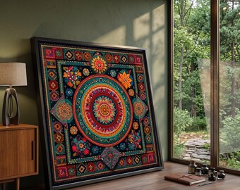 Vibrant Mandala Floral Canvas, Bohemian Wall Art, Colorful Geometric Pattern, Ethnic Home Decor, Ready to Hang Canvas Art