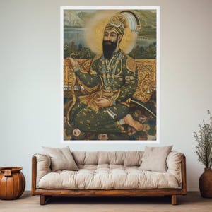 Regal Sikh Warrior Portrait Canvas, Traditional Indian Royalty Art, Historical Wall Decor, Intricate Costume Painting, Cultural Heritage image 4