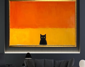 Mark Rothko Canvas Painting, Black Cat Modern Wall Art, Abstract Orange Yellow Canvas, Contemporary Home Decor, Unique Art Gift Idea