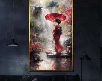 Japanse tuin canvas schilderij, geisha met rode paraplu, elegante muurkunst cadeau voor interieur