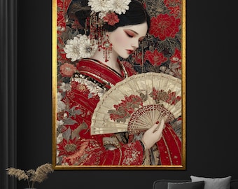 赤い着物を着たエレガントな芸者キャンバス、アジアの女性アート、伝統