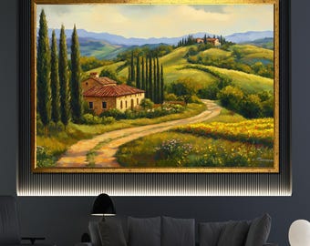 Cuadro sobre lienzo con paisaje de la campiña toscana: arte mural con paisaje italiano para la decoración de la sala de estar, regalo rústico para amantes de la naturaleza