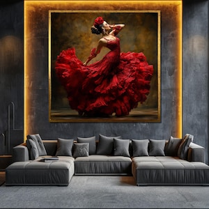 Bailarina de flamenco en lienzo rojo: arte mural de danza española, decoración elegante para el hogar, regalo perfecto para amantes de la danza