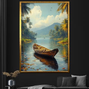 Tranquil Boat on Lake Canvas Painting Scenic Wall Art for Living Room Peaceful Nature Inspired Decor Gift