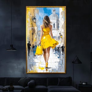 Woman in Yellow Canvas Painting - Modern City Street Wall Art - Vibrant Home Decor - Elegant Artwork - Unique Gift for Her