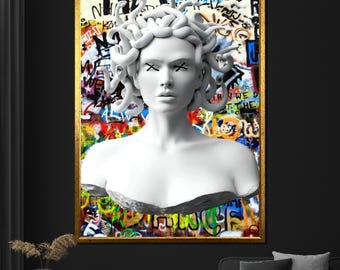Graffiti Medusa Canvas Painting, Bold Mythology-Inspired Wall Art, Modern Colorful Decor, Unique Artwork Gift