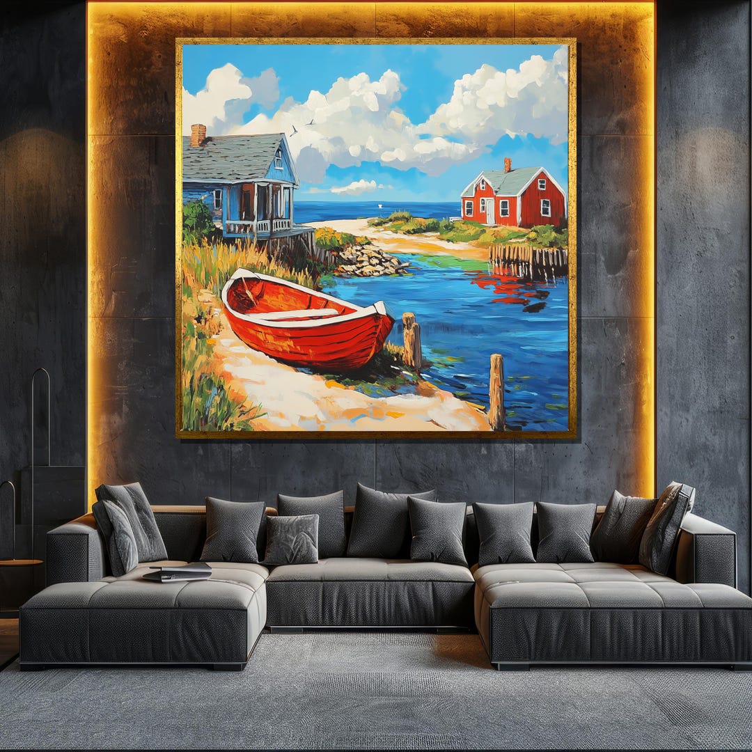 Rustic Coastal Canvas Painting, Red Boat and Seaside Cottages Wall Art ...