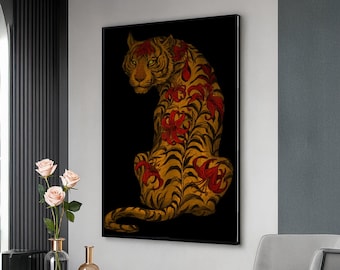 Majestic Tiger with Red Floral Pattern, Illustrated Wildlife Canvas, Exotic Animal Wall Art, Botanical Tiger Design, Home Decor Canvas Print