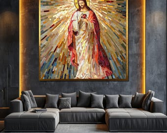 Sacred Heart of Jesus Mosaic Canvas Painting, Religious Wall Art, Christian Home Decor, Spiritual Artwork, Faith-Inspired Gift