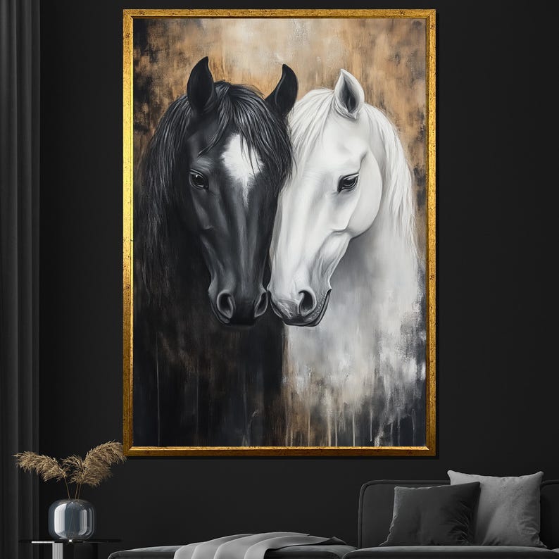 Black and White Horse Canvas Painting Elegant Wall Art for Living Room Large Horse Artwork Gift for Animal Lovers image 1