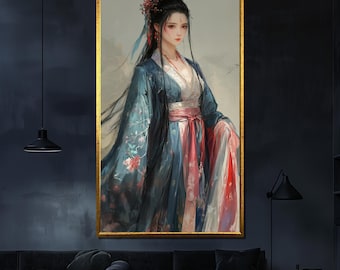 古代中国のカップルのキャンバスアート、伝統的な漢服の絵画