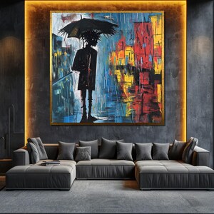 Abstract Rainy Night Canvas Painting, Umbrella Silhouette Wall Art, Modern Urban Decor, Perfect Gift for Art Lovers
