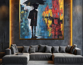 Dipinto su tela astratto di notte piovosa, arte murale con silhouette di ombrello, arredamento urbano moderno, regalo perfetto per gli amanti dell'arte