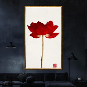 Minimalist Red Lotus Canvas Painting Traditional Asian Wall Art for Living Room Zen Floral Decor Gift