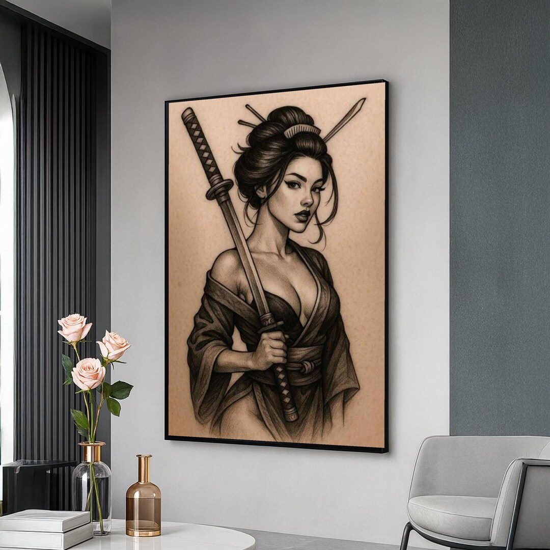 Fierce Samurai Woman Canvas Wall Art, Japanese Warrior Illustration ...