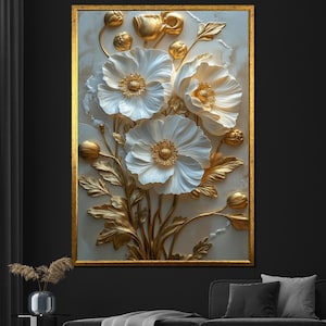 Gold and White Floral Canvas Painting Luxury Wall Art for Living Room Elegant Modern Decor Gift