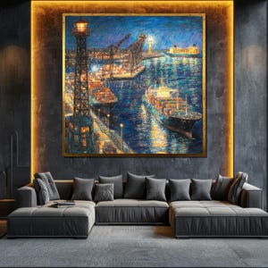 Night Port Canvas Painting Harbor Scene Wall Art for Nautical Home Decor and Maritime Lovers Gift