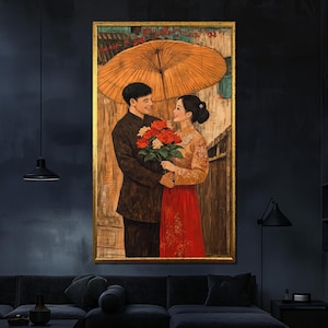 Traditional Couple Canvas Painting, Romantic Umbrella Wall Art, Love Inspired Decor, Perfect Gift for Weddings or Anniversaries