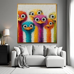 Colorful Ostrich Canvas Wall Art, Quirky Animal Painting with Funny Expressions, Vibrant Bird Artwork for Living Room or Kids Room Decor