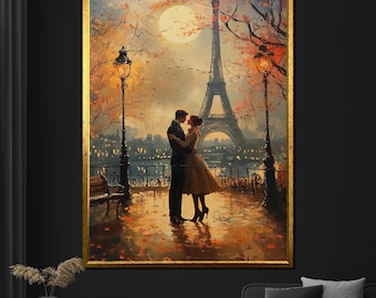 Romantic Couple in Paris Canvas Painting Eiffel Tower Wall Art Modern Home Decor Anniversary Gift