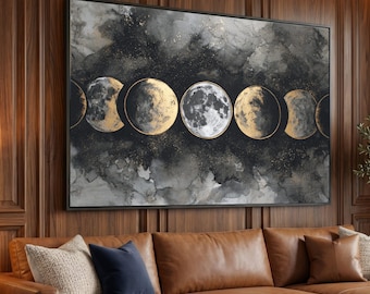 Moon Phases Canvas Wall Art, Celestial Lunar Cycle, Gold Accent Space Decor, Astronomy Canvas Print, Modern Home Wall Decoration