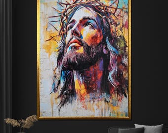 Jesus Christus Dornenkrone Leinwand Gemälde, bunte religiöse Wandkunst, modernes christliches Kunstwerk, einzigartiges Hauptgeschenk