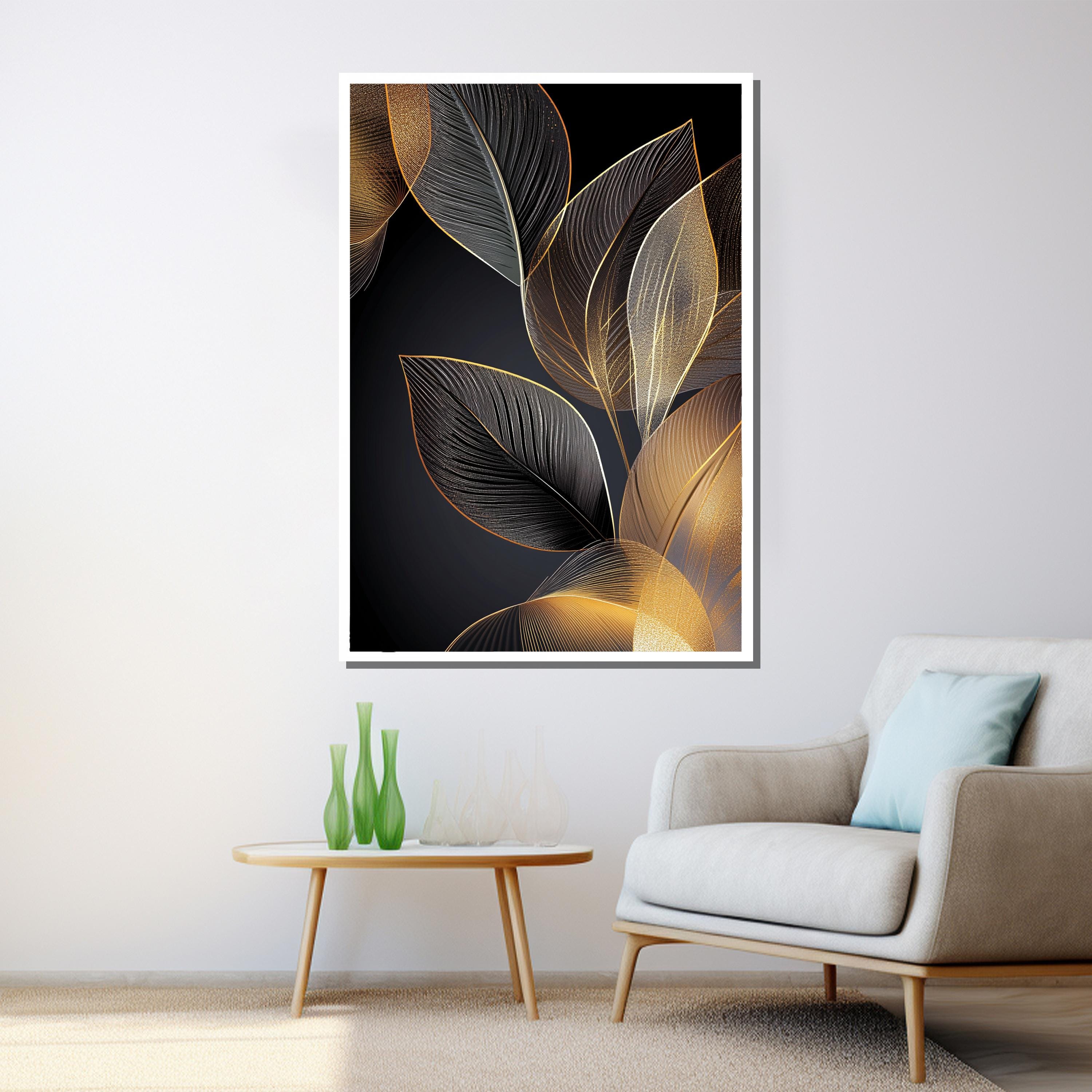 Gold and Black Leaf Canvas Painting Modern Abstract Wall Art for Living ...
