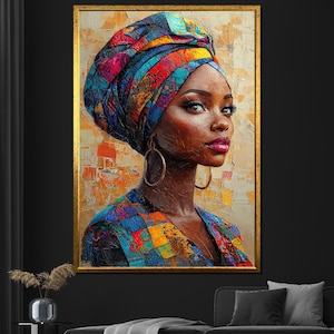 Colorful African Woman Canvas Painting, Bold Afrocentric Wall Art, Vibrant Cultural Gift for Home Decor
