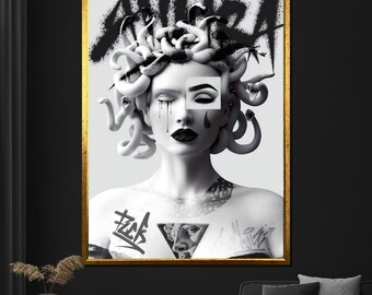 Modern Medusa Canvas Painting, Graffiti-Inspired Mythology Wall Art, Bold Black and White Decor, Unique Artwork Gift