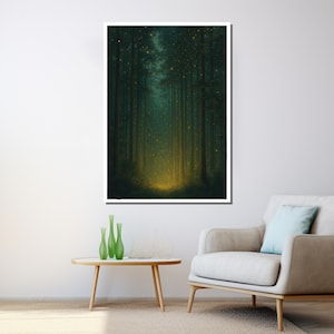 May include: A framed art print depicts a mystical forest scene. Tall, dark trees line a path leading to a glowing, golden light. The artwork has a dreamy, ethereal quality, with soft lighting and a sense of depth. The color palette is dominated by greens and golds.
