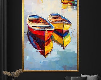 Colorful Rowboats Canvas Painting, Vibrant Boat Wall Art, Nautical Decor for Living Room or Office, Unique Gift for Art Lovers