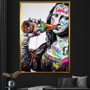 Mona Lisa graffiti canvas painting modern pop art wall print with drink bottle for bold home or studio decor